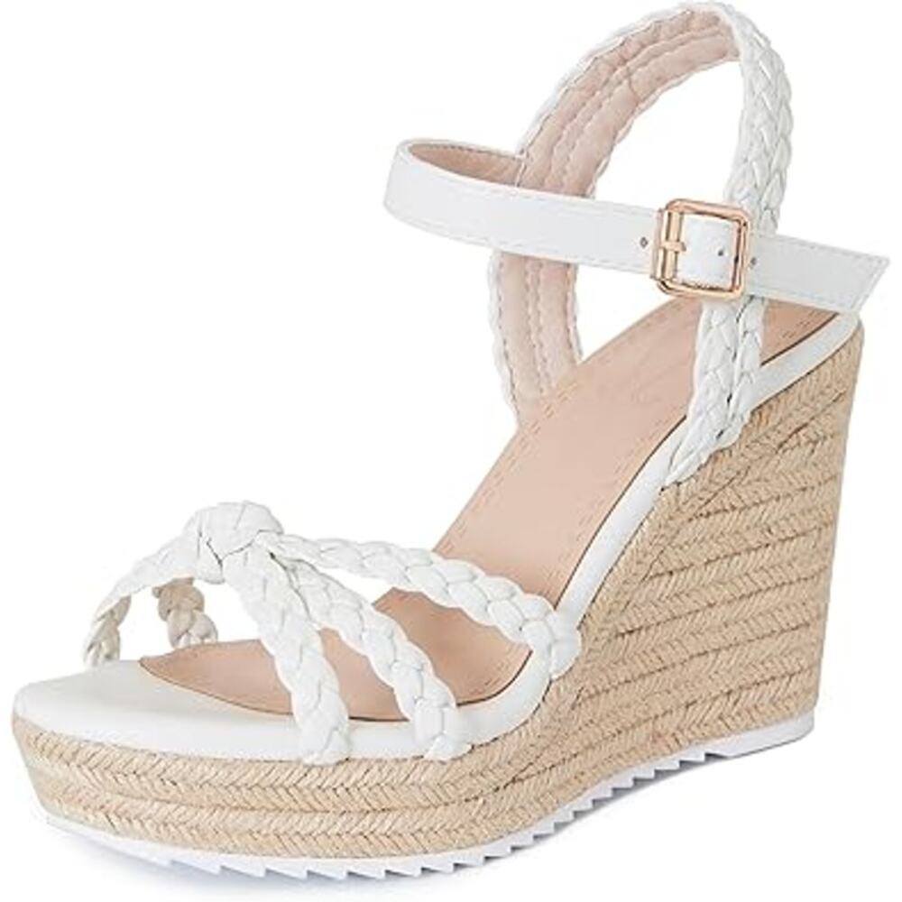 Mikarka Womens Size 9 White Open Toe 4" Wedge Heel Ankle Strap Sandal Shoes